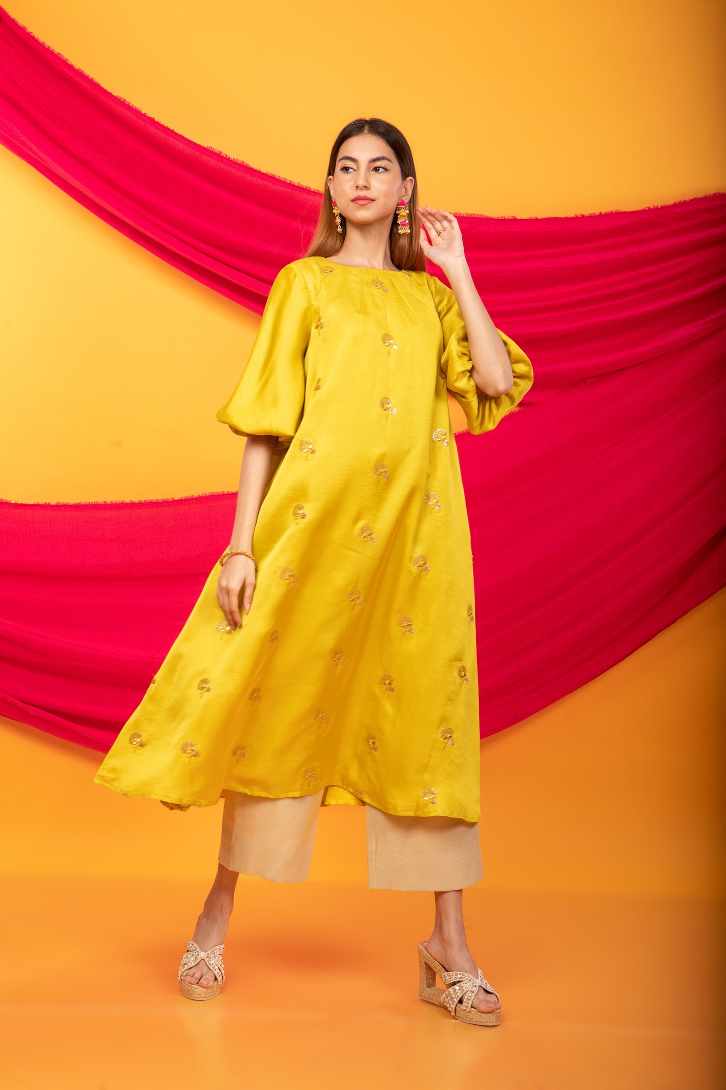 Feroz Kurta and Pant Set-Canary Yellow and gold