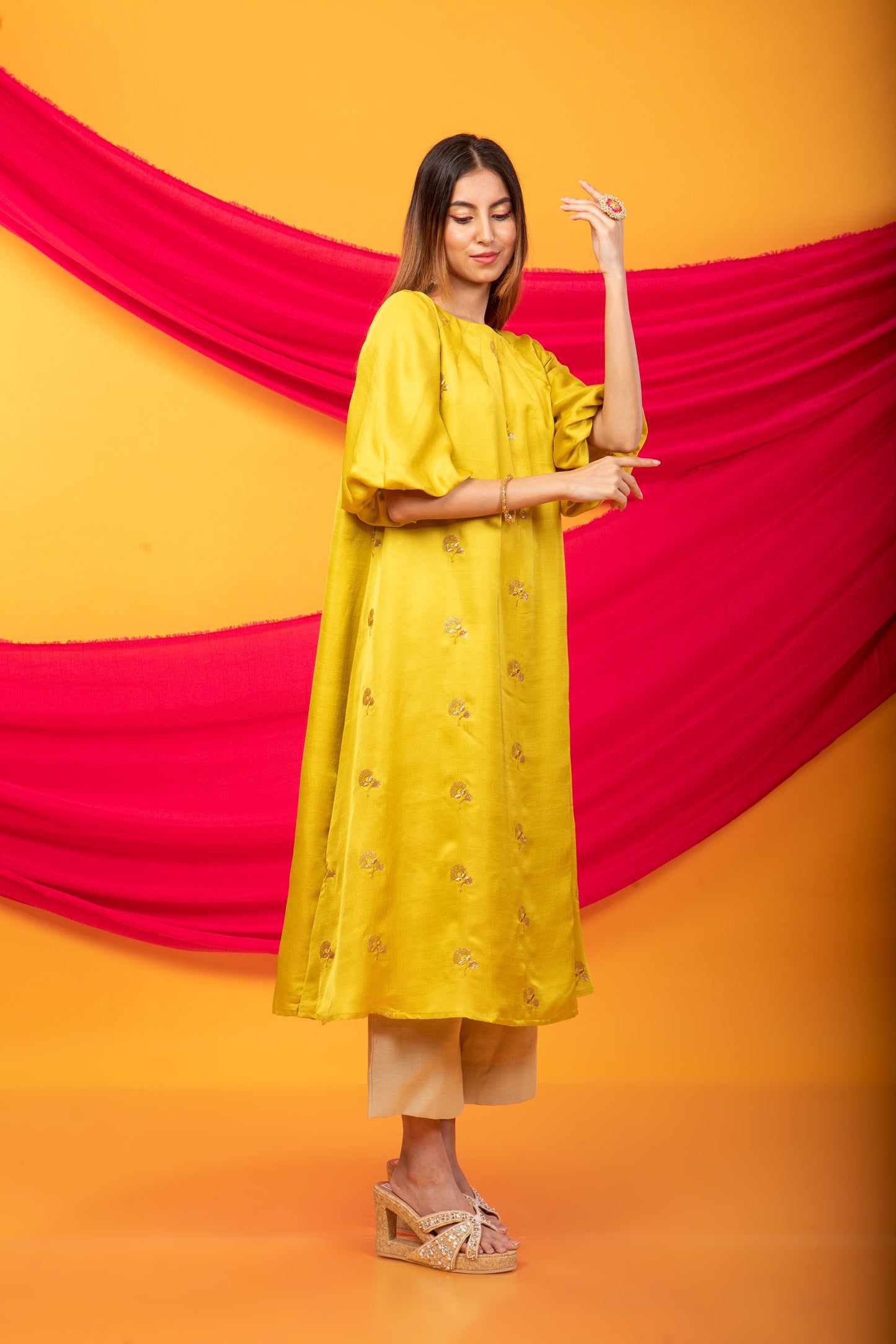 Feroz Kurta and Pant Set-Canary Yellow and gold