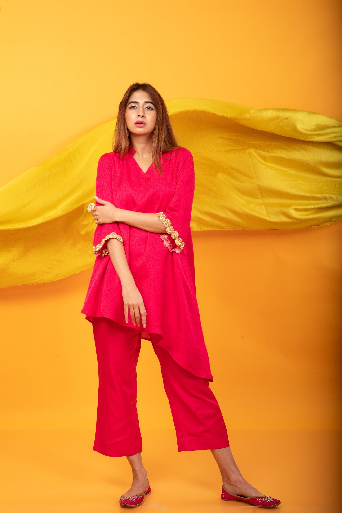 Nusrat Assymetrical Kurta and Pant Co-ord Set-Fuchsia Pink