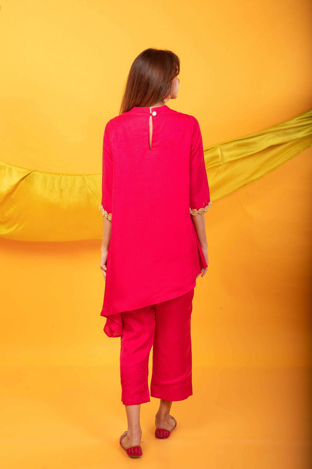 Nusrat Assymetrical Kurta and Pant Co-ord Set-Fuchsia Pink - Monk & Mei
