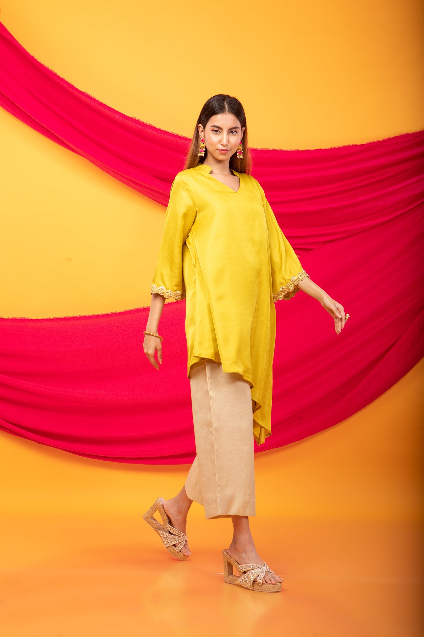 Nusrat Assymetrical Kurta and Pant Co-ord Set-Canary Yellow and gold