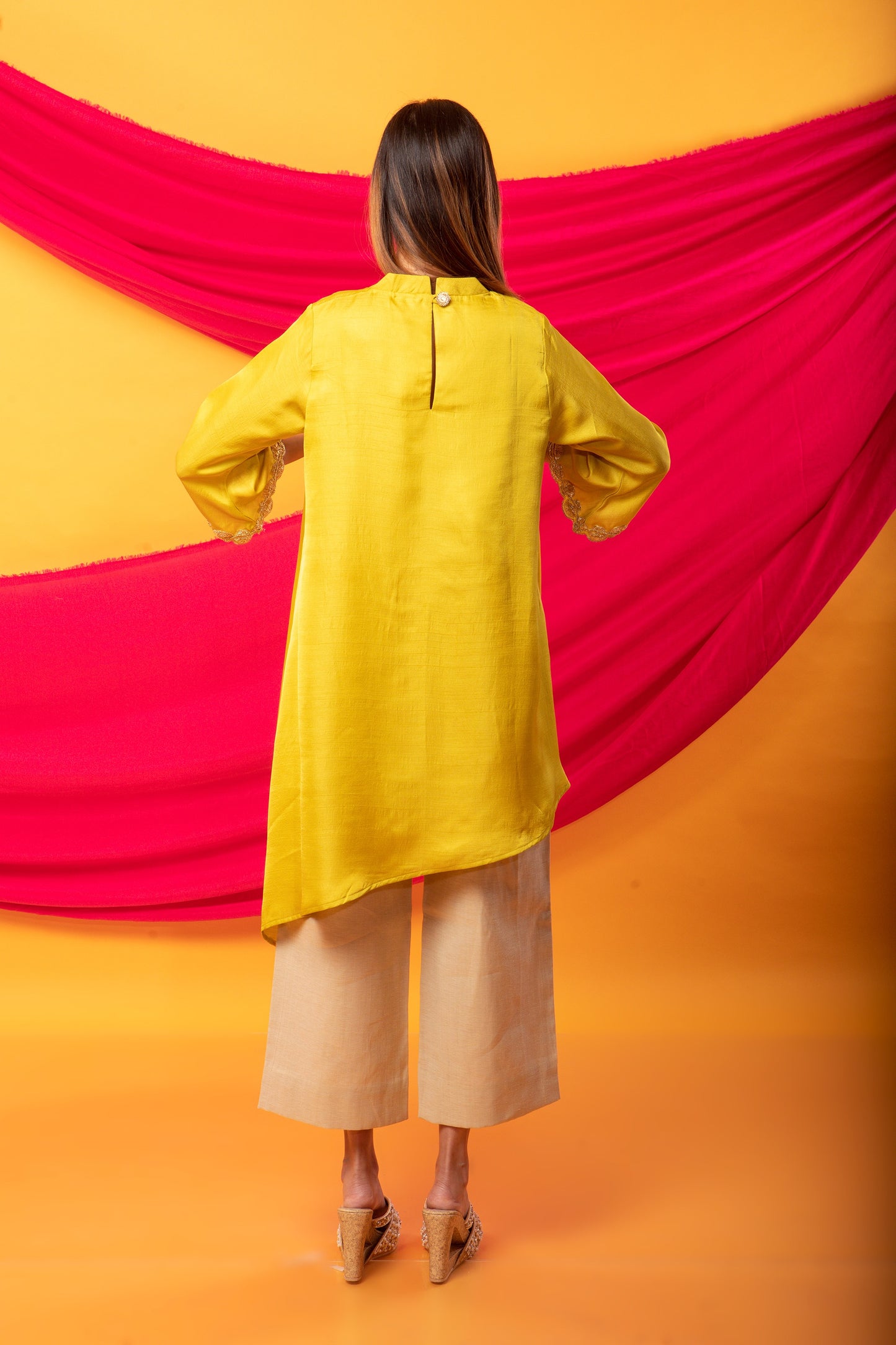 Nusrat Assymetrical Kurta and Pant Co-ord Set-Canary Yellow and gold