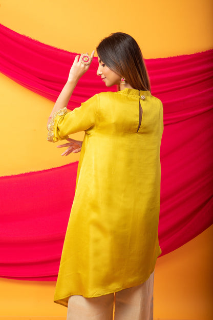 Nusrat Assymetrical Kurta and Pant Co-ord Set-Canary Yellow and gold