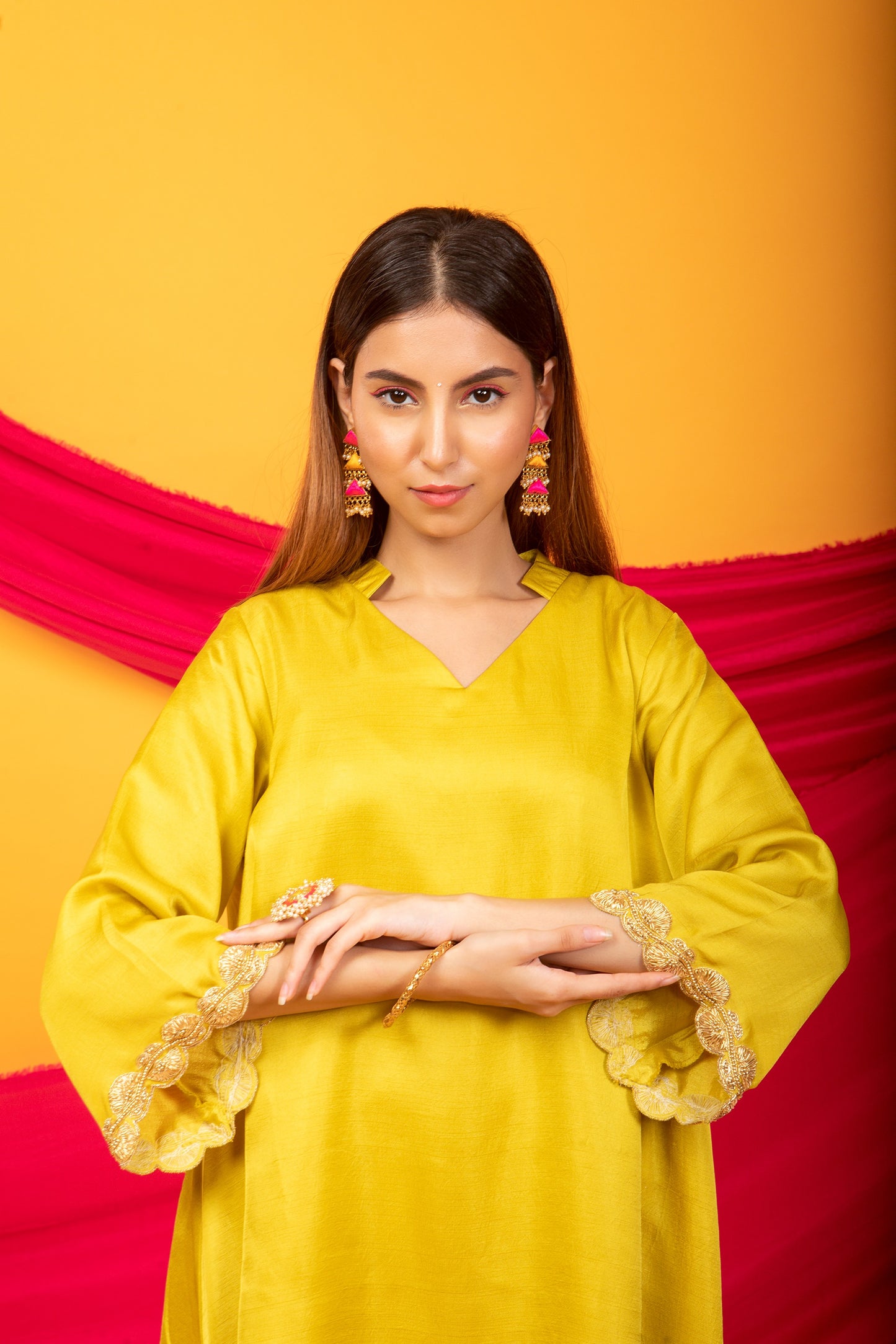 Nusrat Assymetrical Kurta and Pant Co-ord Set-Canary Yellow