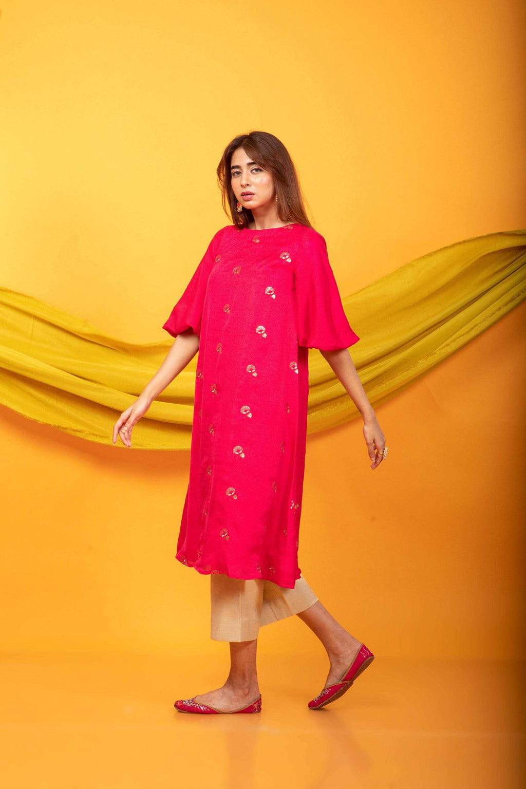 Feroz Kurta and Pant Set-Fuchsia Pink and gold - Monk & Mei