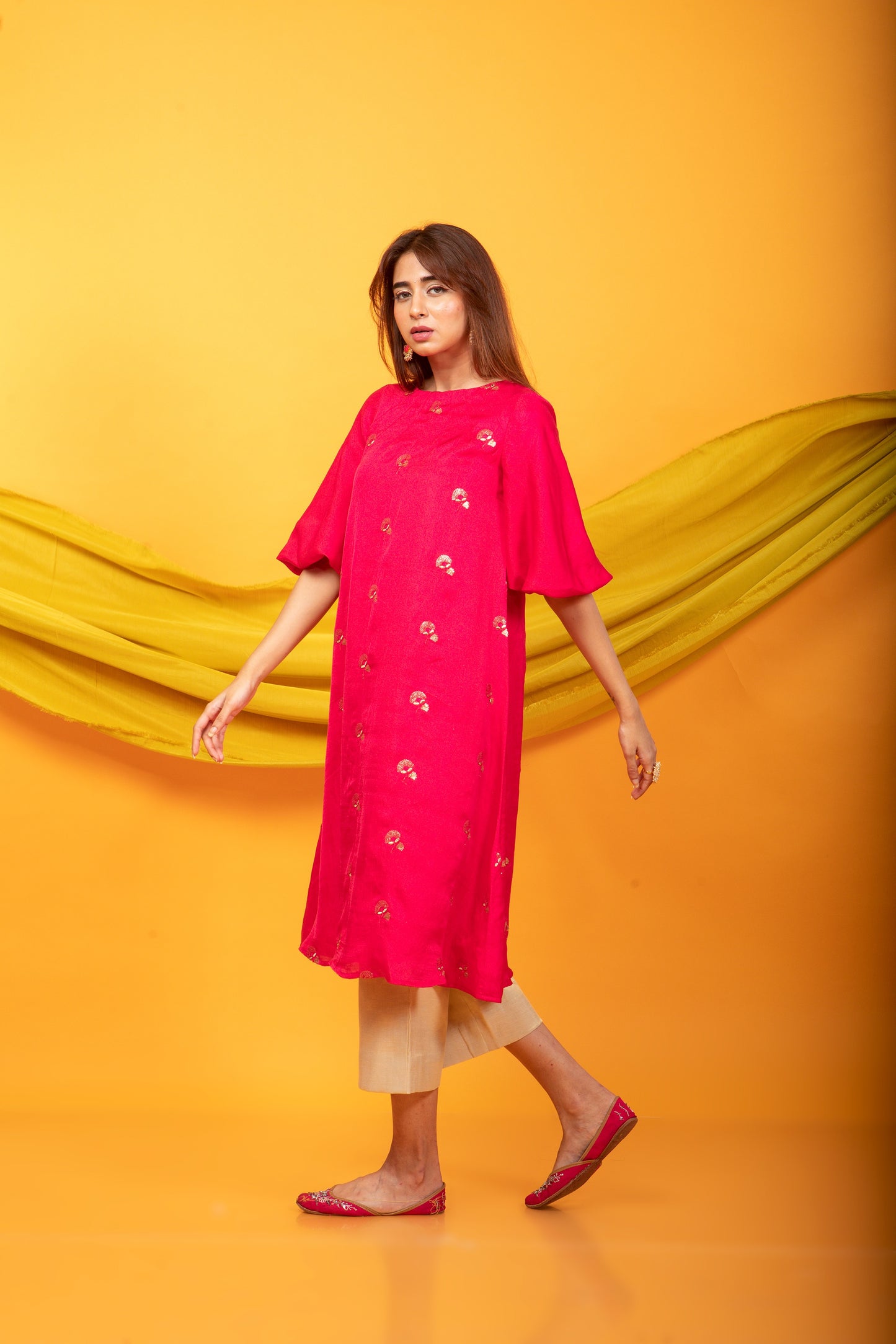 Feroz Kurta and Pant Set-Fuchsia Pink and gold