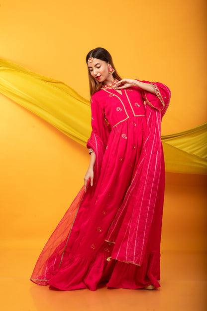 Zunera Long Anarkali Kurta with Dupatta Set-Fuchsia Pink