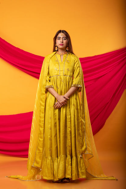 Zunera Long Anarkali Kurta with Dupatta Set-Canary Yellow