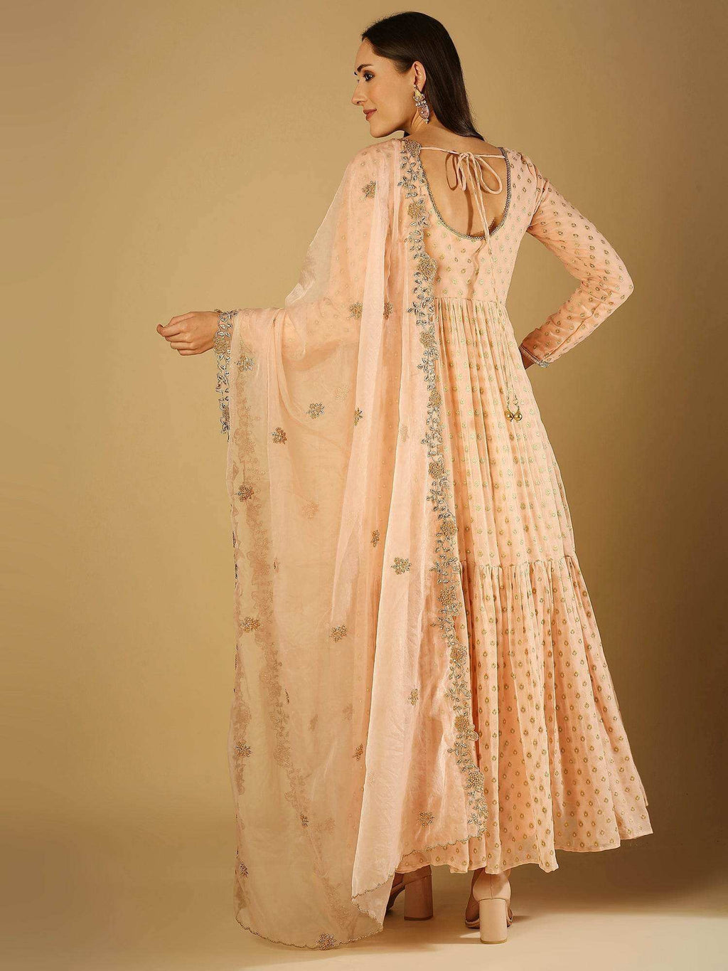 Reah-Anarkali with Organza Embroidered Dupatta - Peach pink - Monk & Mei