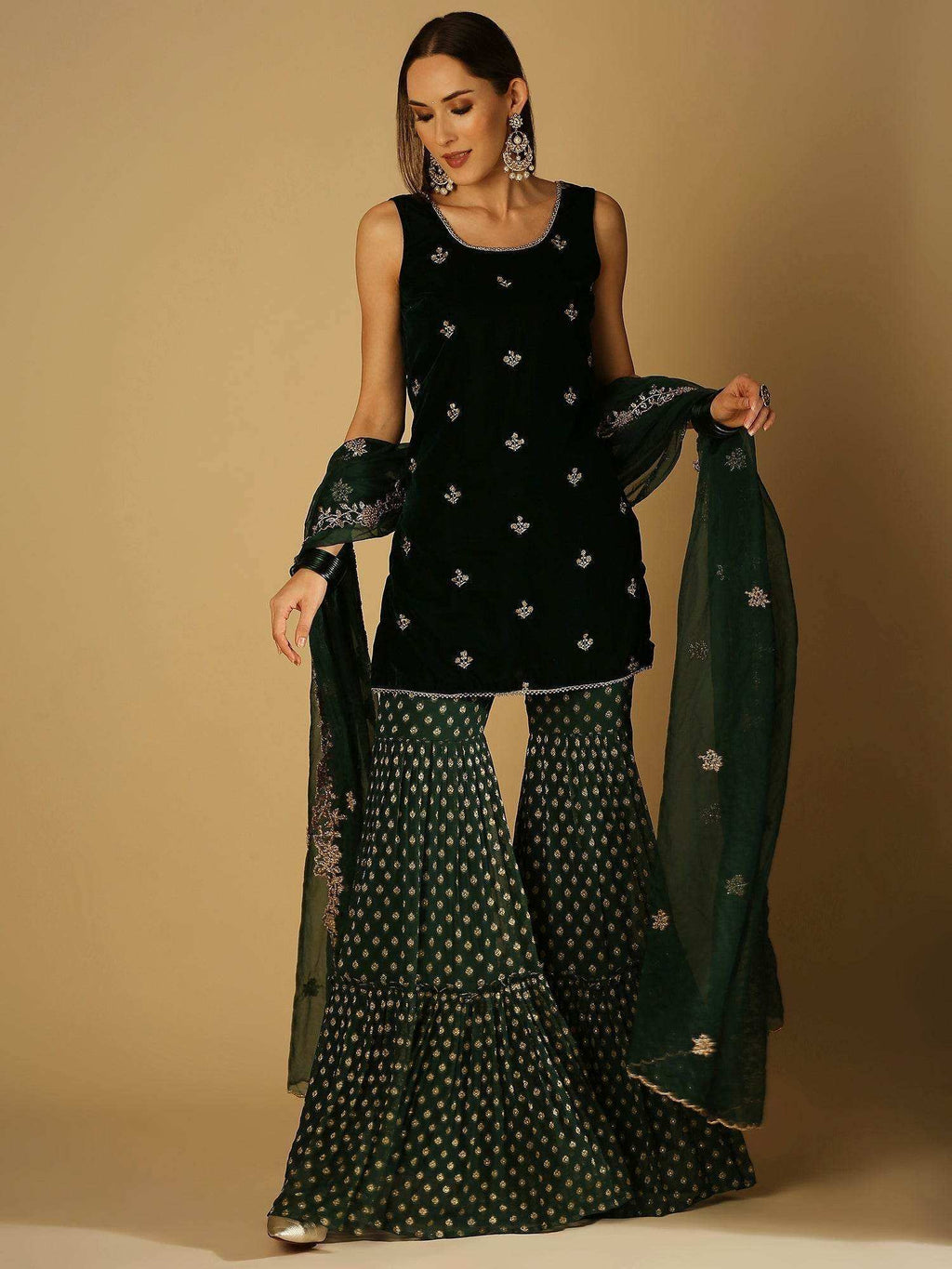 Cyra-Short kurta & sharara with dupatta - Green - Monk & Mei
