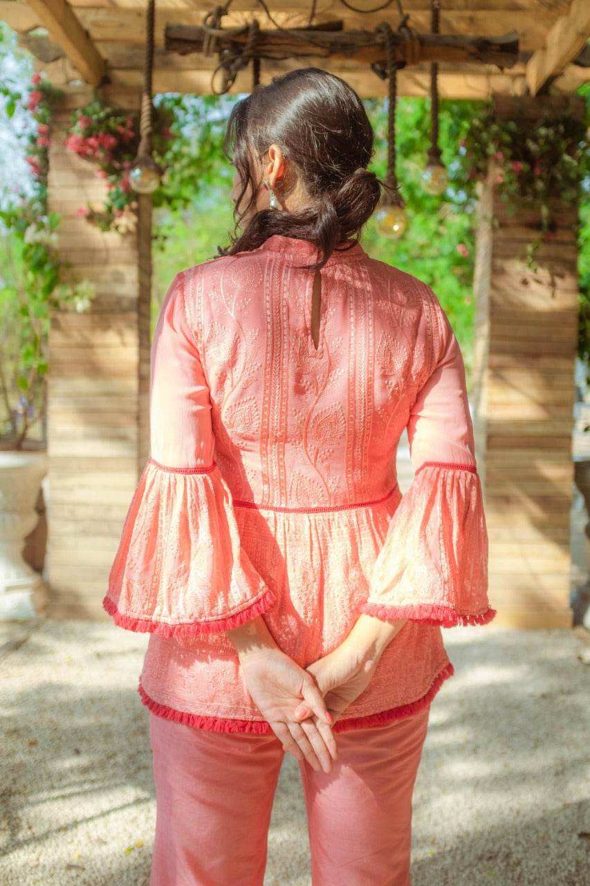 Nazm Flared Chikankari Top & Pants - Peachy Melon - Monk & Mei