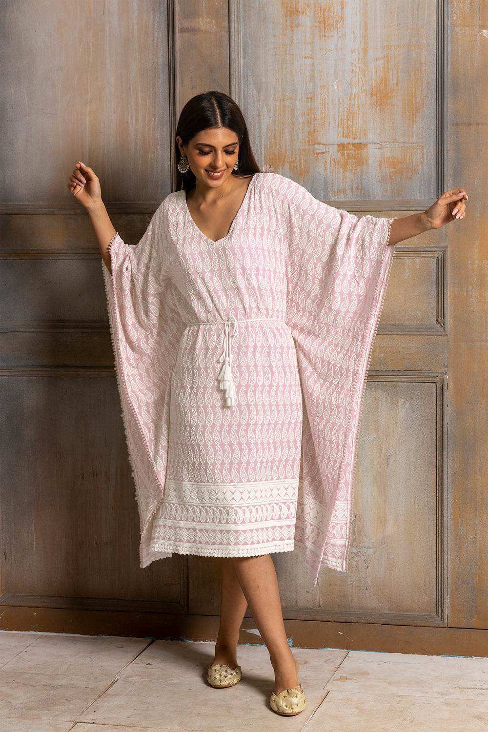 ADA- CHIKANKARI KAFTAN DRESS - Baby Pink - Monk & Mei