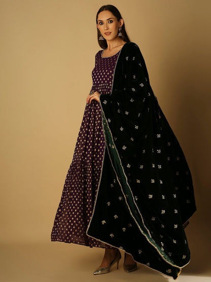 Reah Anarkali with Velvet Dupatta - Green