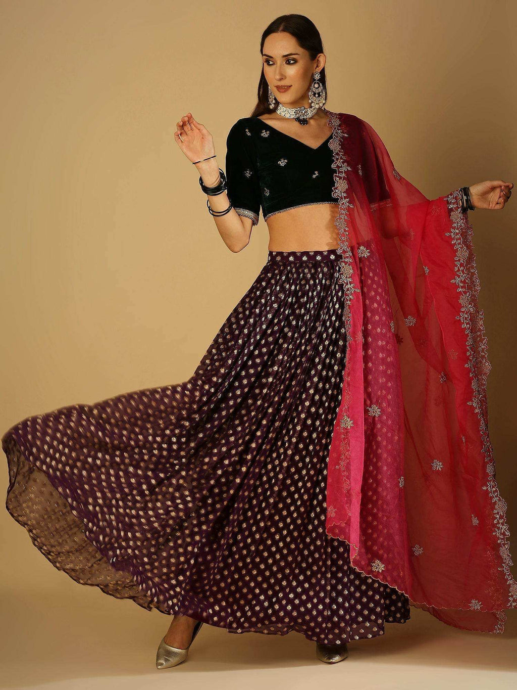Roza-Lehenga Blouse Dupatta Set - Green blouse- Voilet lehanga - Monk & Mei
