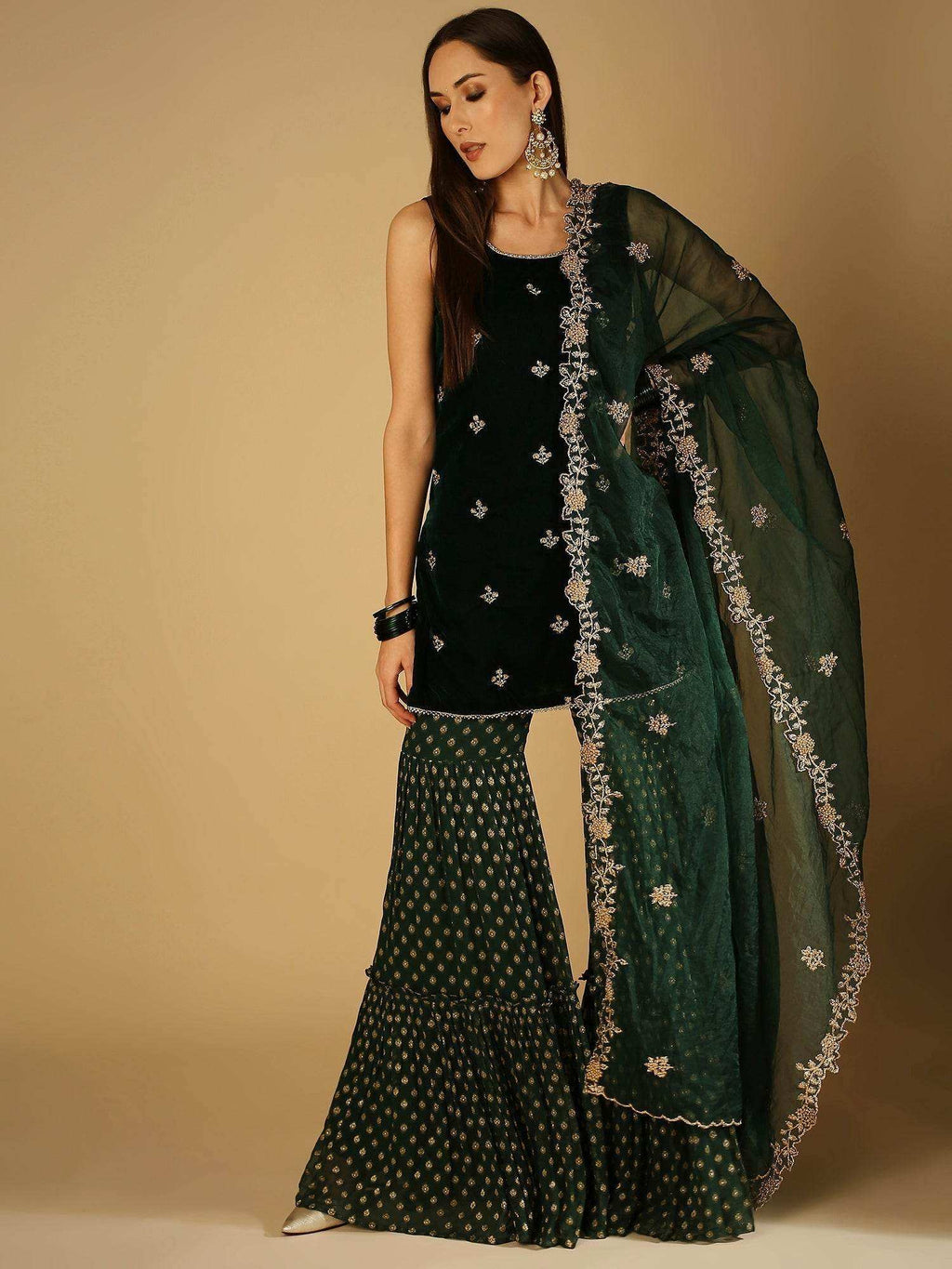 Cyra-Short kurta & sharara with dupatta - Green - Monk & Mei
