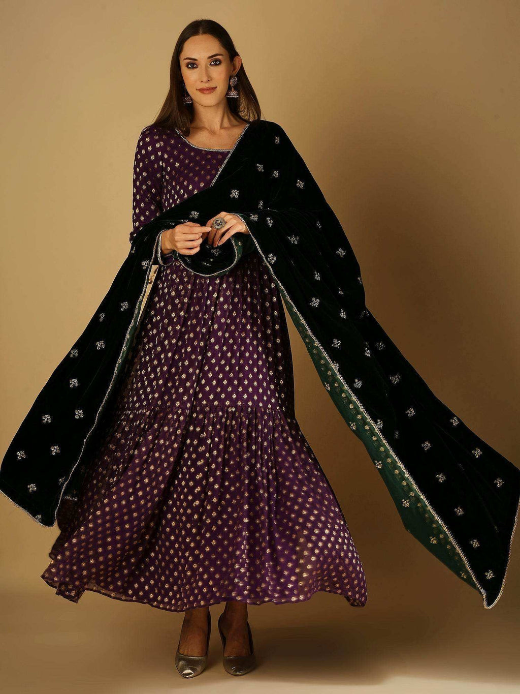 Reah Anarkali with Velvet Dupatta - Green - Monk & Mei