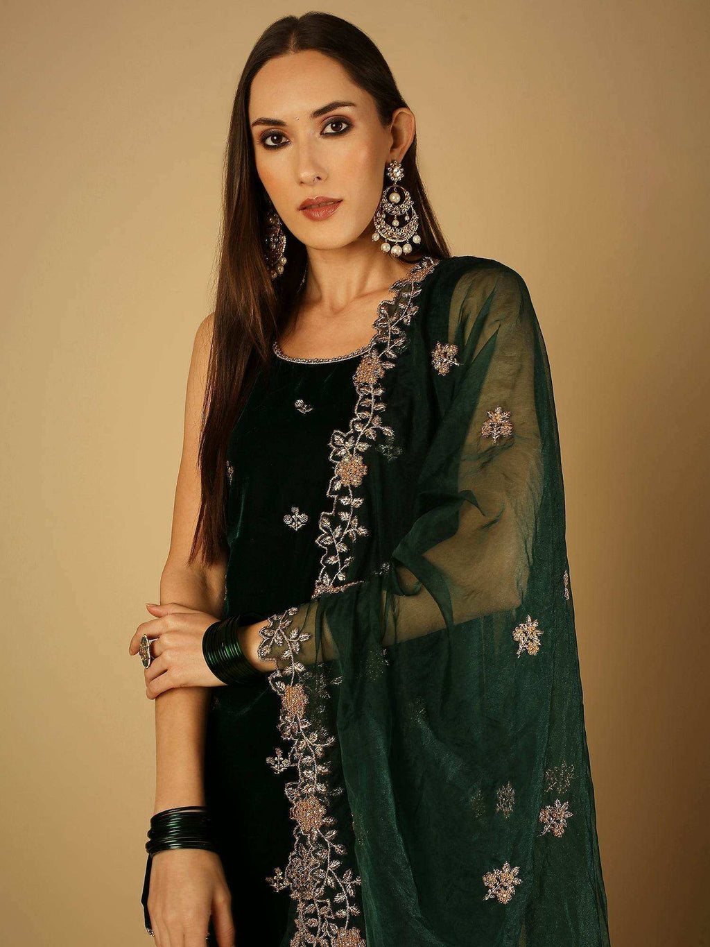 Cyra-Short kurta & sharara with dupatta - Green - Monk & Mei