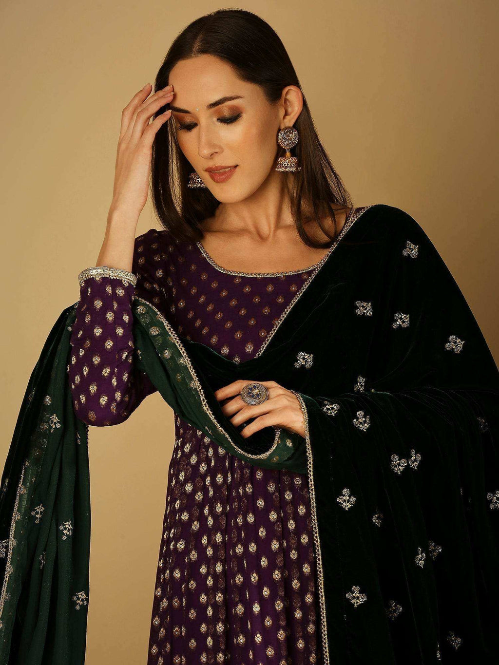 Reah Anarkali with Velvet Dupatta - Green - Monk & Mei
