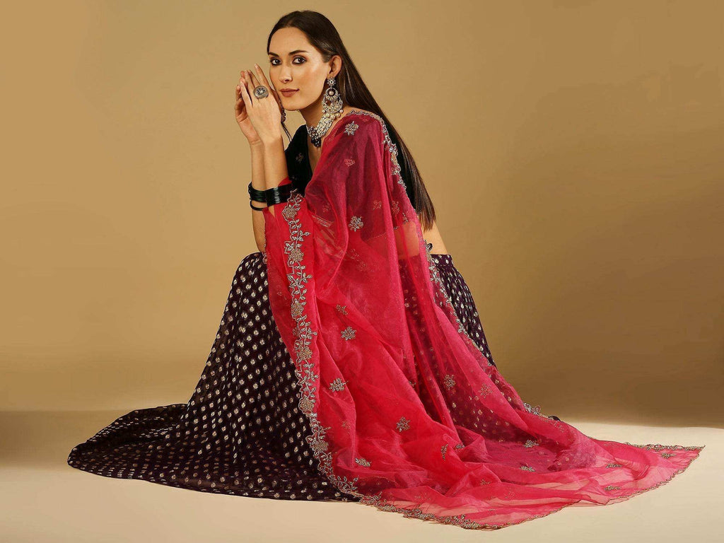 Roza-Lehenga Blouse Dupatta Set - Green blouse- Voilet lehanga - Monk & Mei