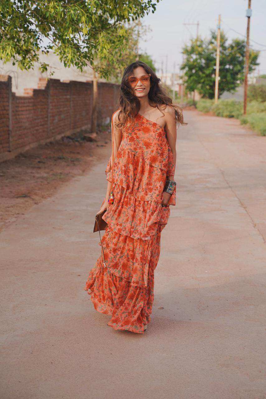 Pari Ruffled Gown - Orange - Monk & Mei