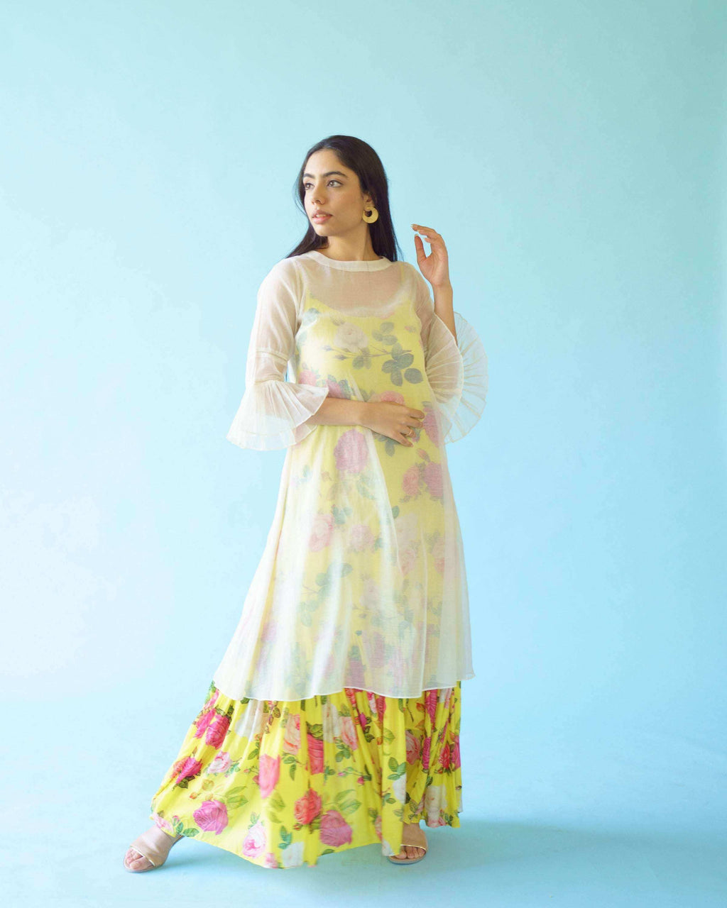 SAGA Slip Dress with Chanderi overlay - Yellow - Monk & Mei
