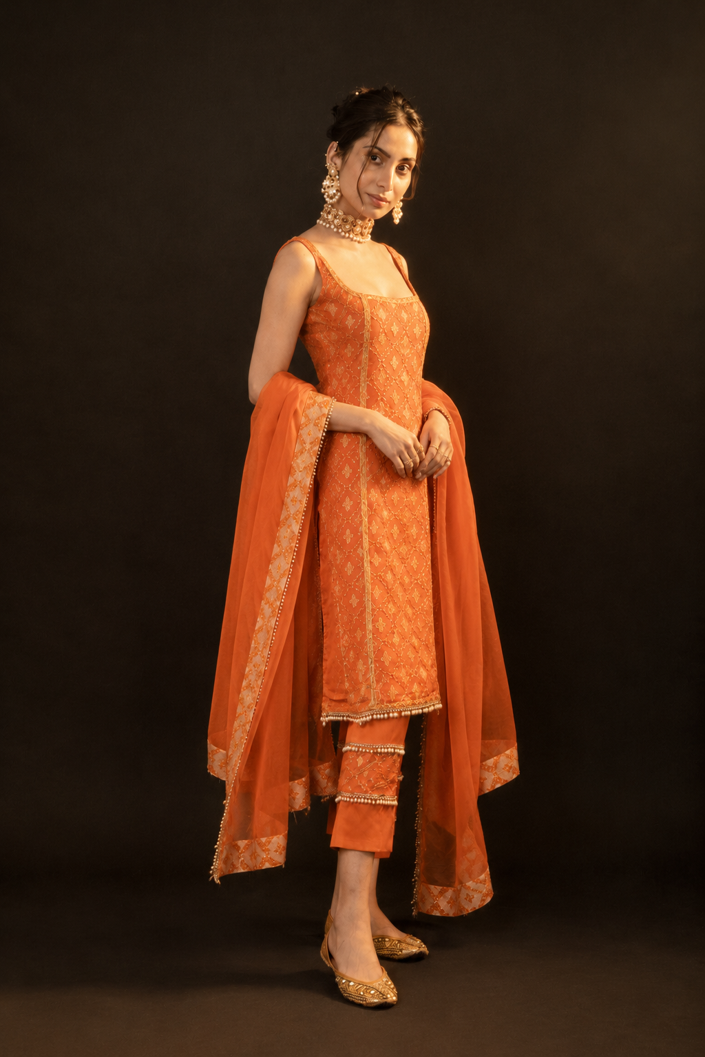 Eloise Orange Brocade Kurta Set