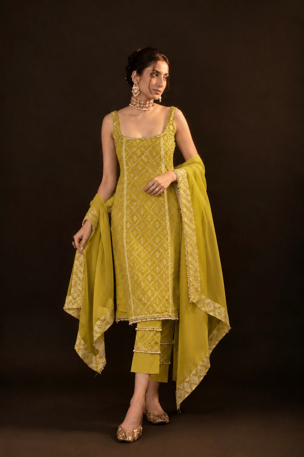 Mustard Yellow Brocade Kurta Pant Dupatta Set