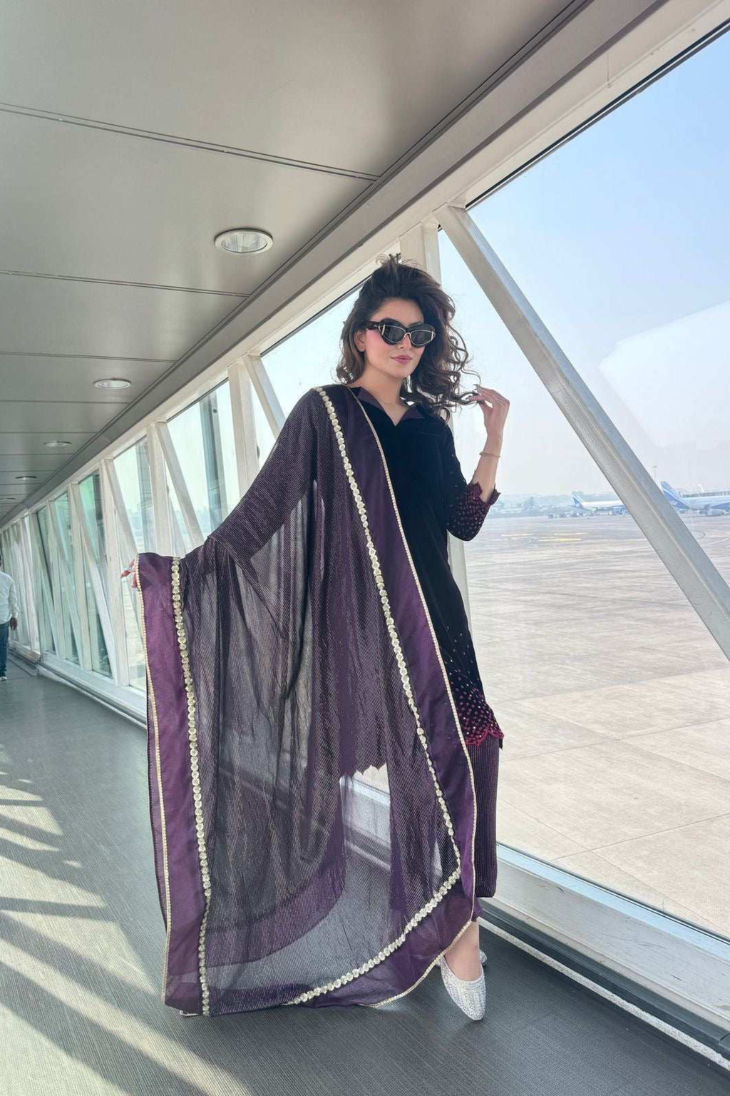 Sophia Velvet Kurta, Pant & Dupatta- Wine