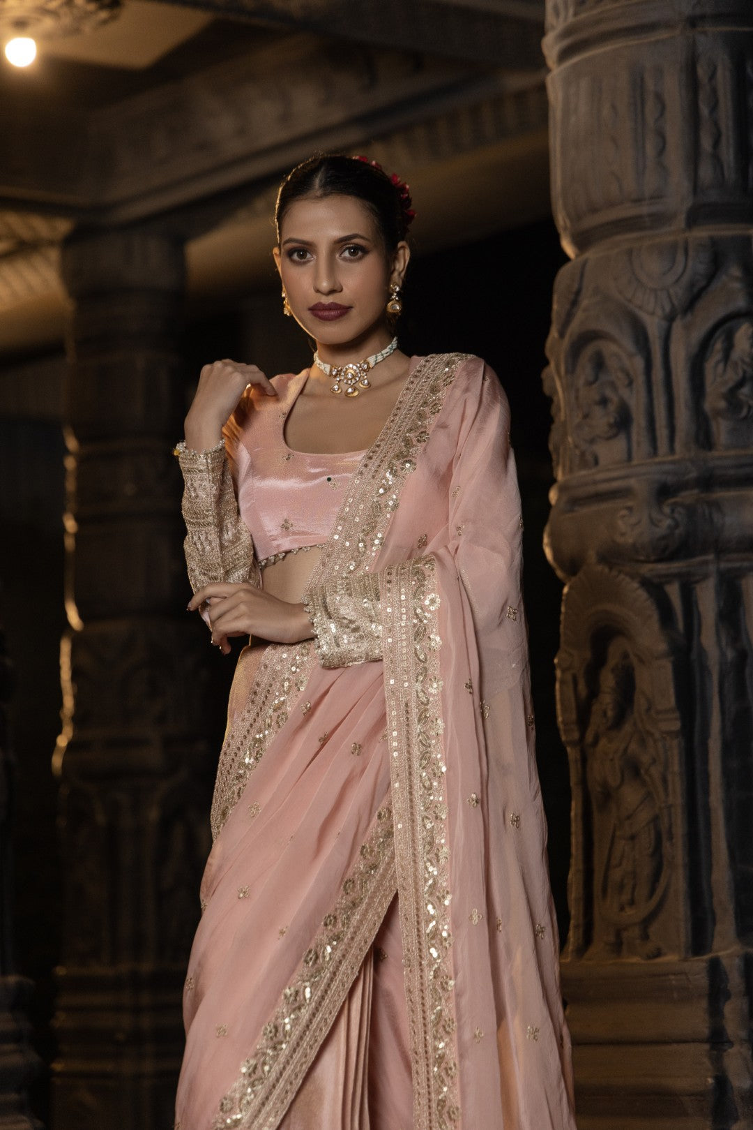 Hansini-Saree and Blouse set-Blush Pink