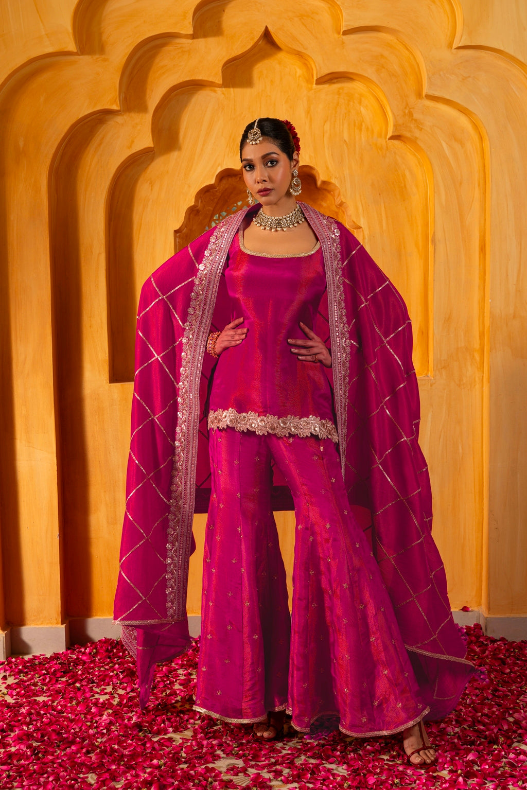 Mihira- Short Kurta, Sharara and Dupatta - Rani Pink