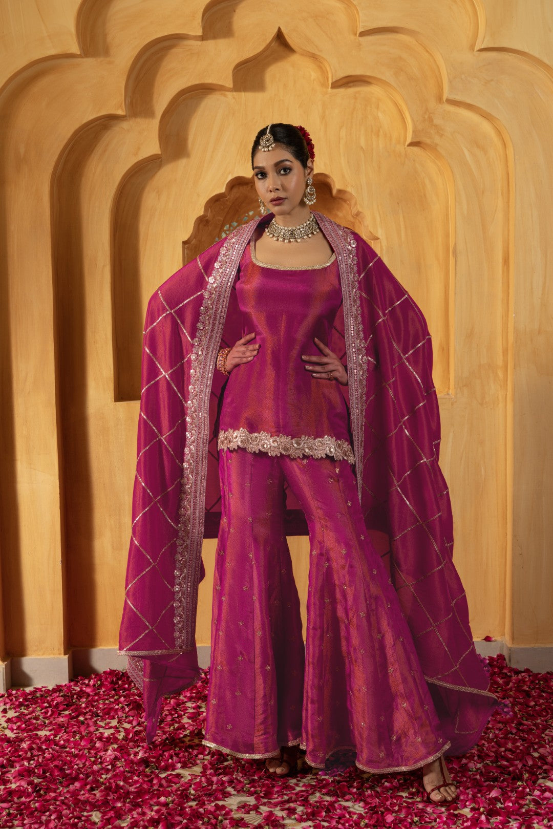 Mihira- Short Kurta, Sharara and Dupatta - Rani Pink