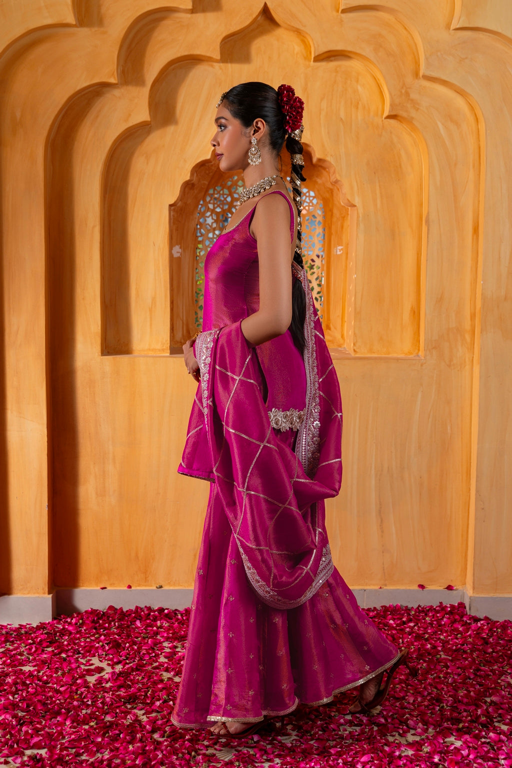 Mihira- Short Kurta, Sharara and Dupatta - Rani Pink