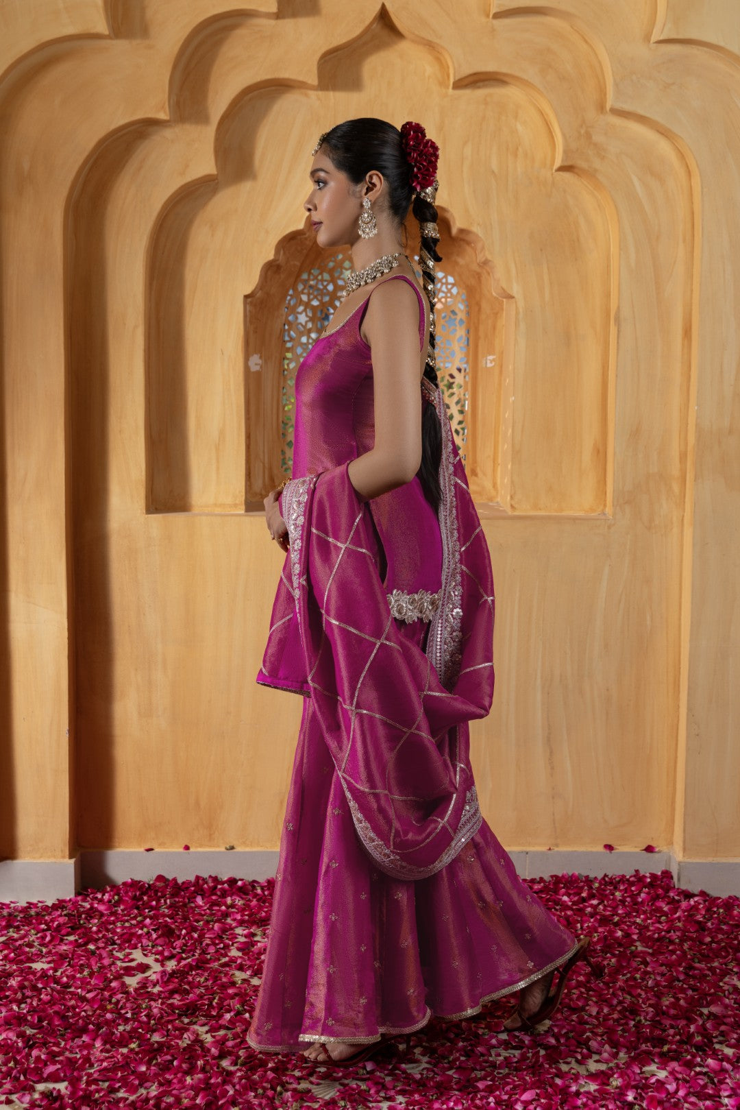Mihira- Short Kurta, Sharara and Dupatta - Rani Pink