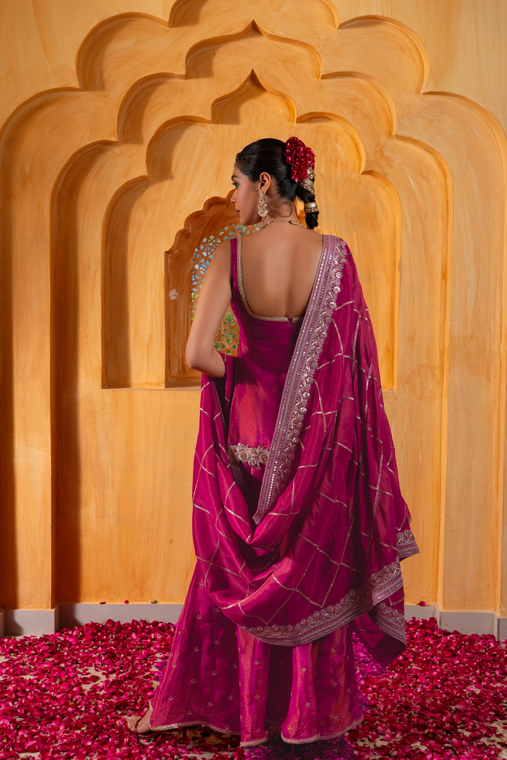 Mihira- Short Kurta, Sharara and Dupatta - Rani Pink