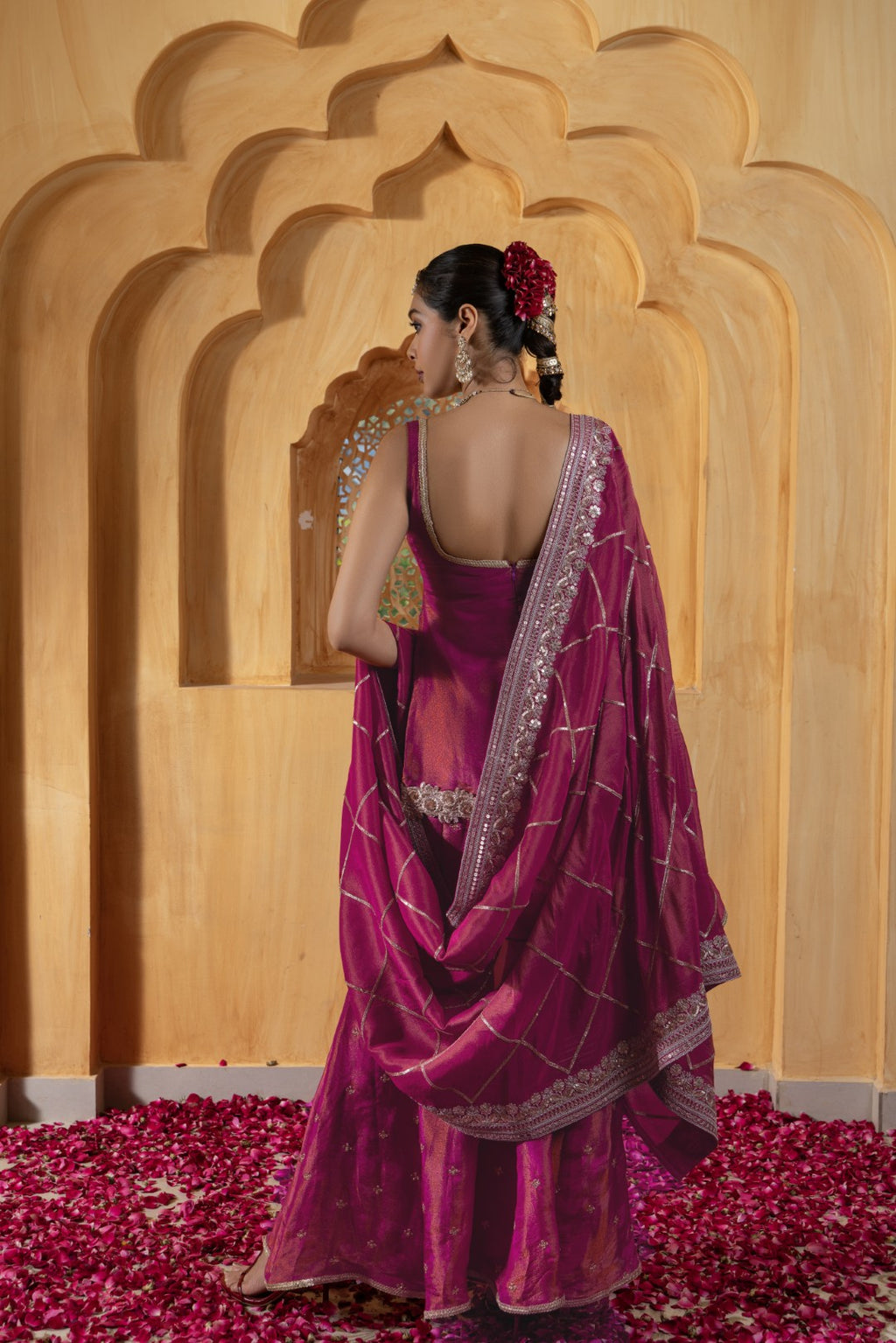 Mihira- Short Kurta, Sharara and Dupatta - Rani Pink