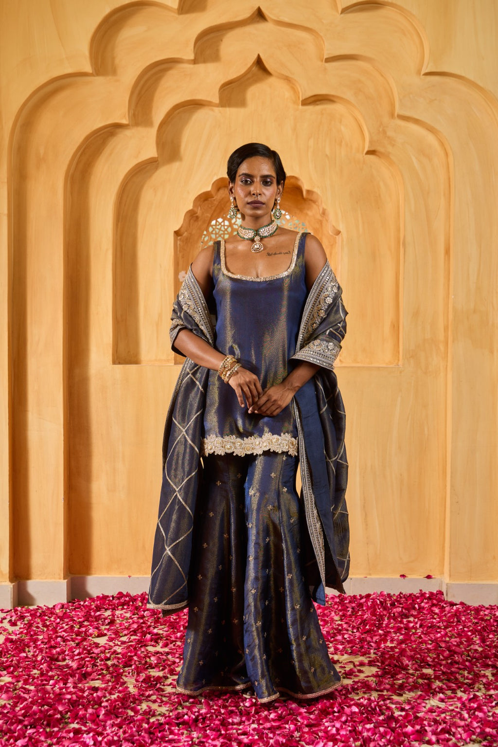 Mihira- Short Kurta, Sharara and Dupatta - Blue