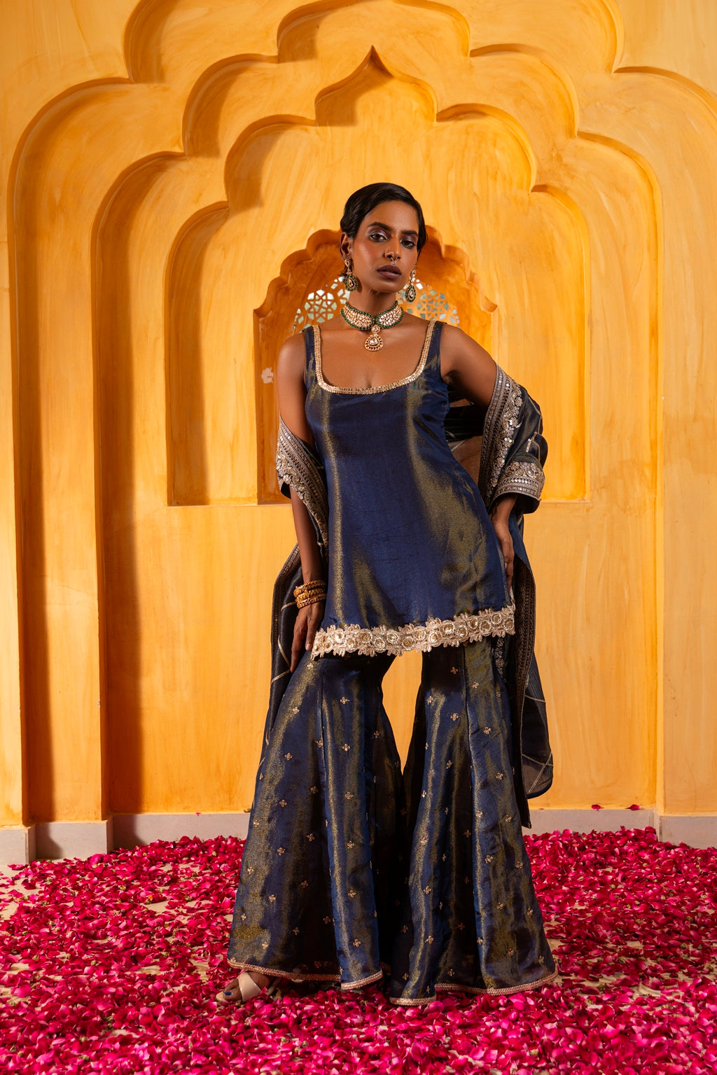 Mihira- Short Kurta, Sharara and Dupatta - Blue