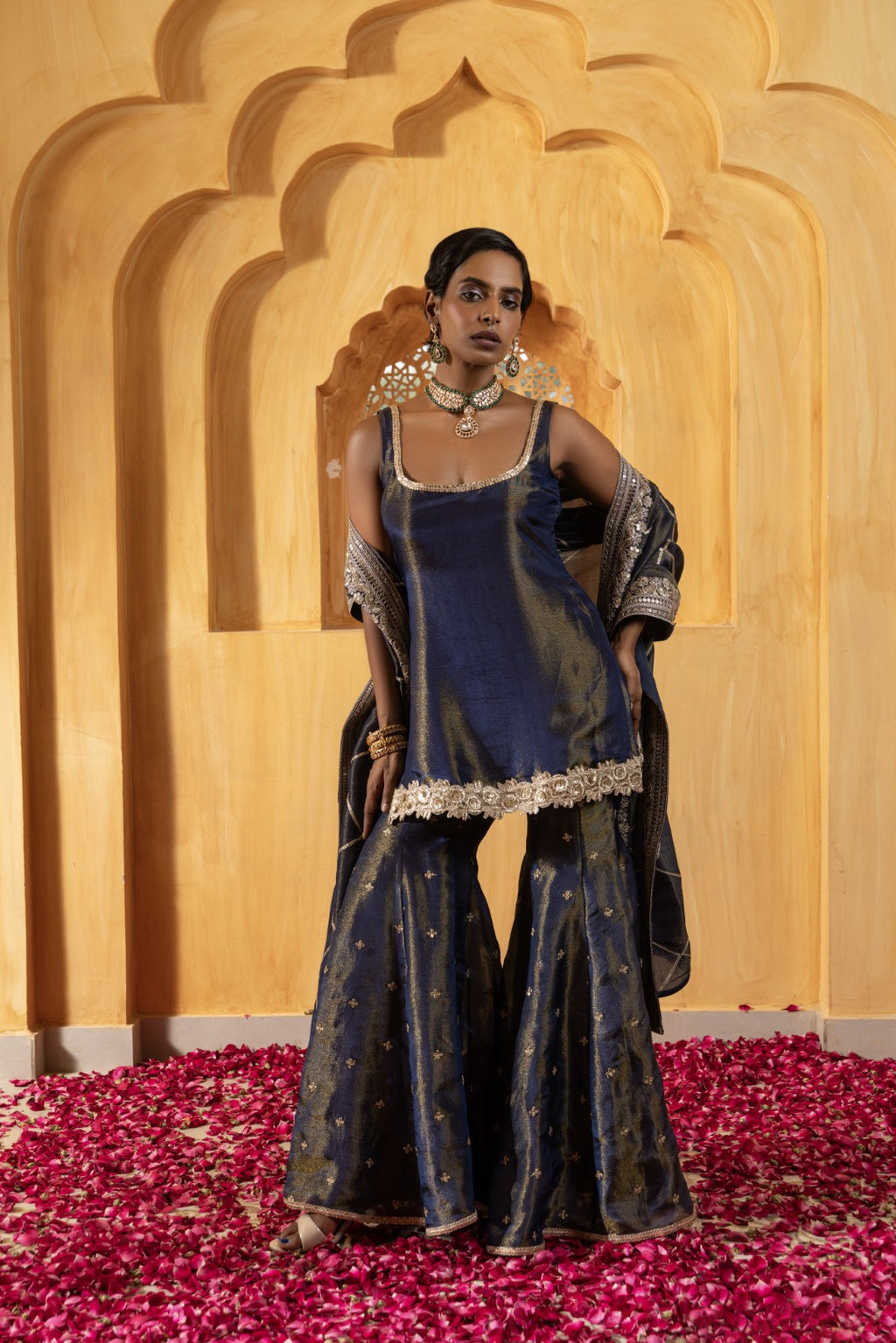 Mihira- Short Kurta, Sharara and Dupatta - Blue
