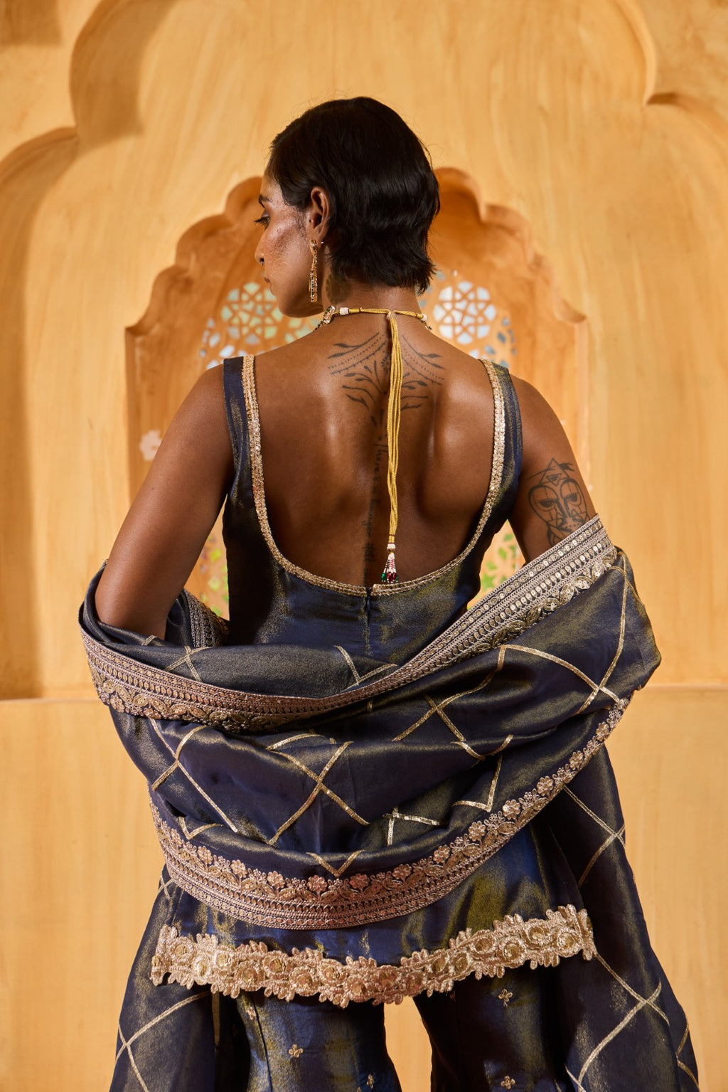 Mihira- Short Kurta, Sharara and Dupatta - Blue