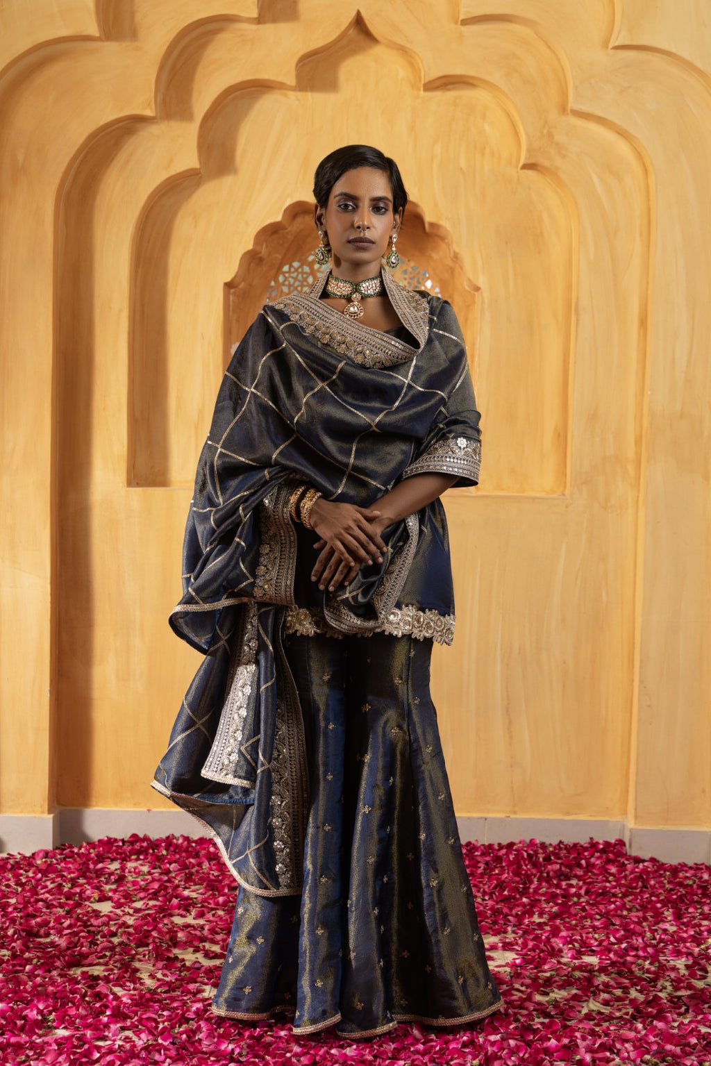 Mihira- Short Kurta, Sharara and Dupatta - Blue
