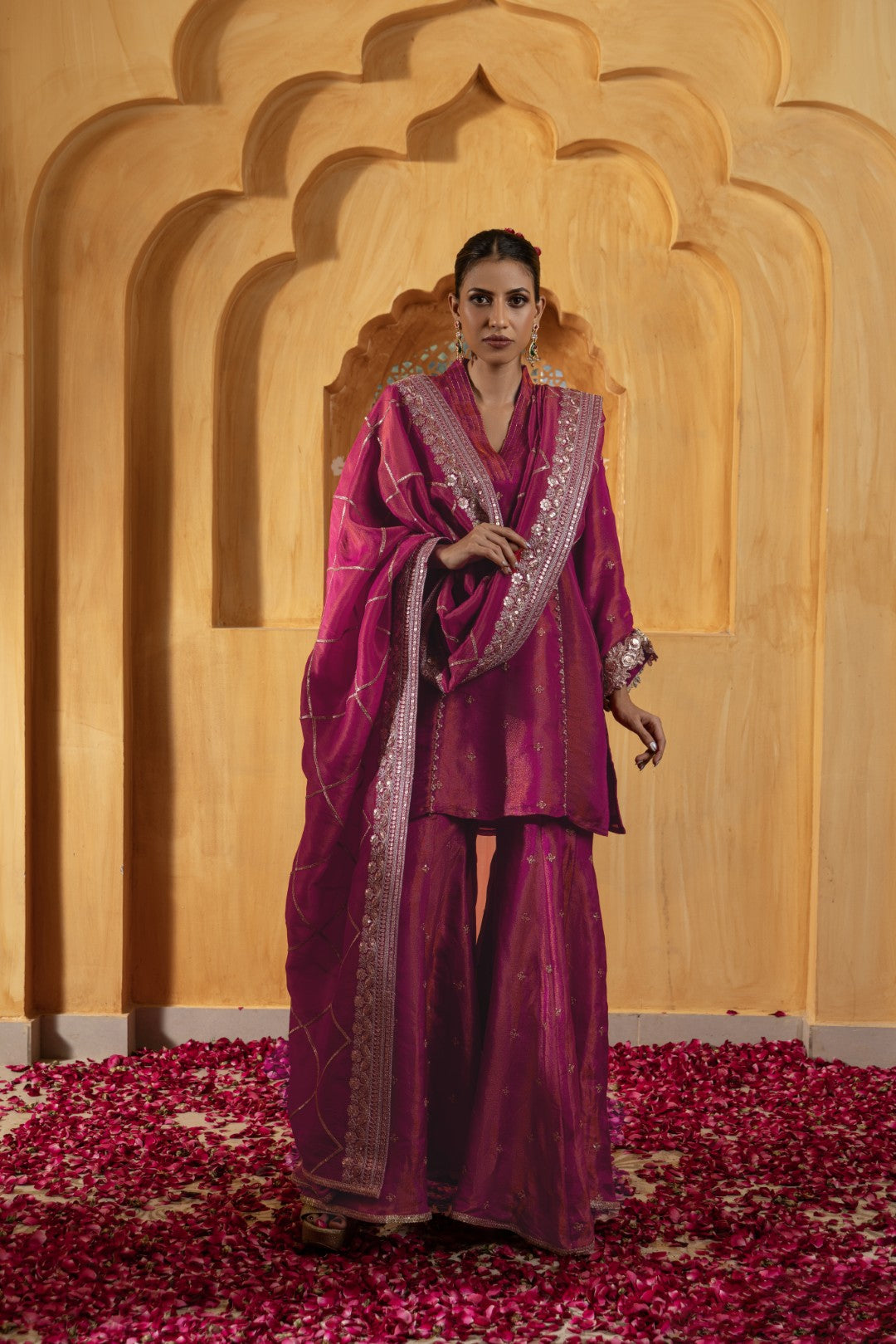 Kashi- kurta, Sharara and Dupatta set - Rani pink