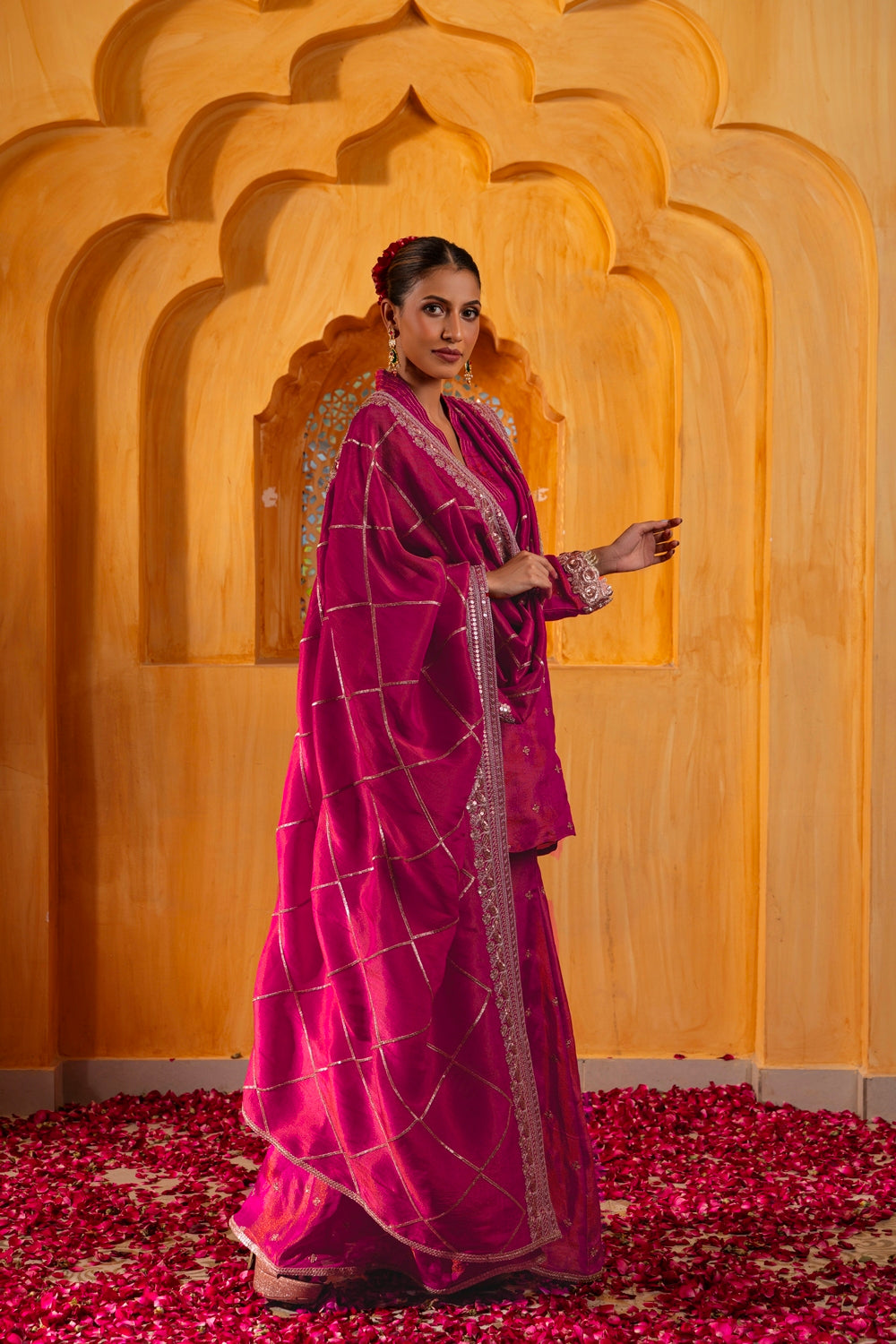 Kashi- kurta, Sharara and Dupatta set - Rani pink