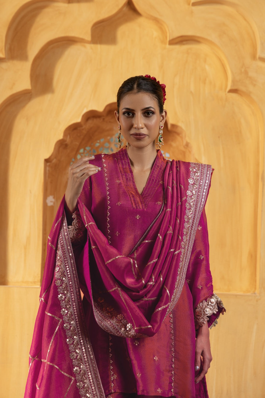 Kashi- kurta, Sharara and Dupatta set - Rani pink