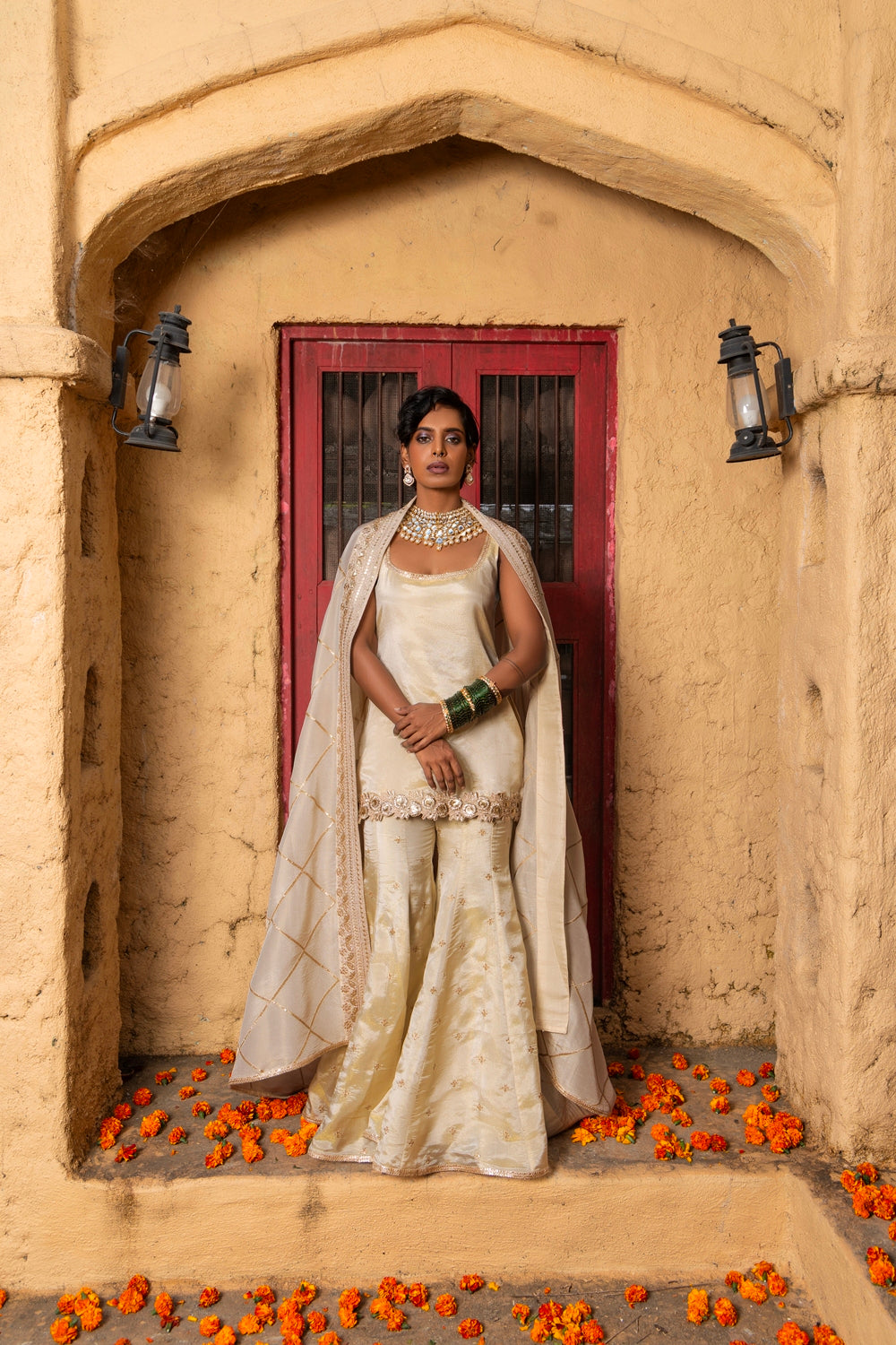 Mihira- Short Kurta, Sharara and Dupatta - Rani Pink