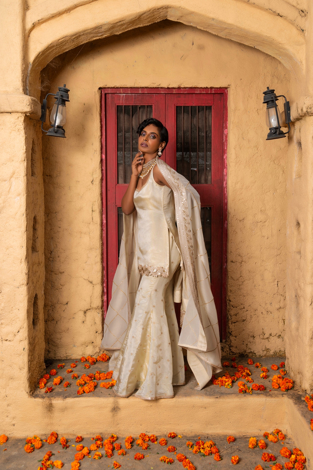 Mihira- Short Kurta, Sharara and Dupatta - Rani Pink