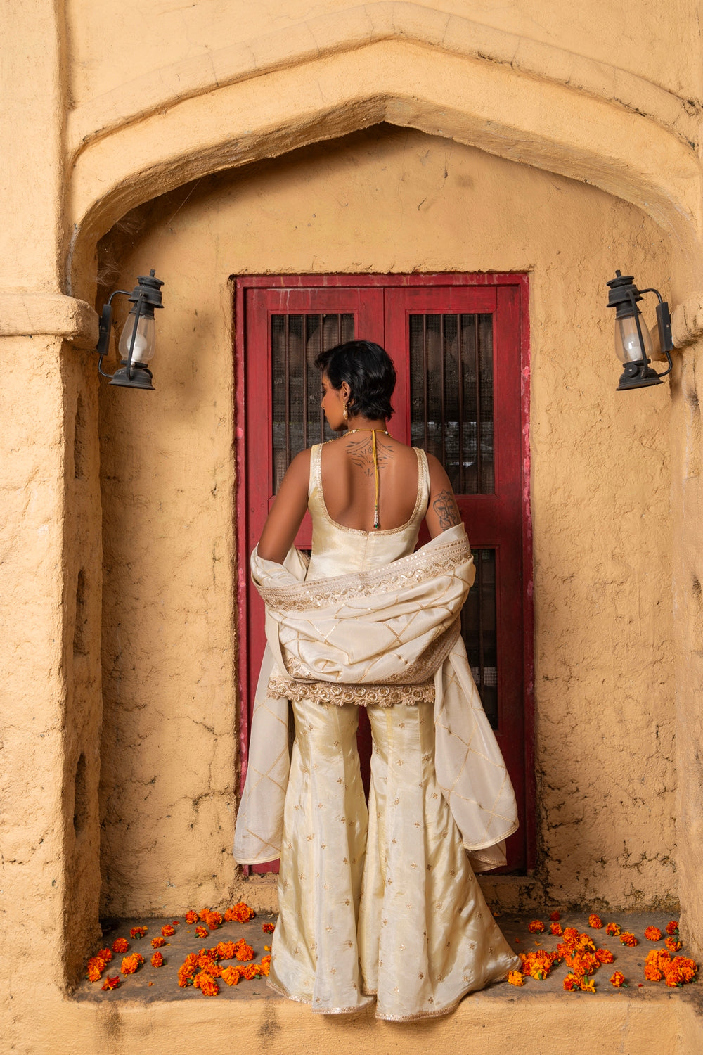 Mihira- Short Kurta, Sharara and Dupatta - Rani Pink