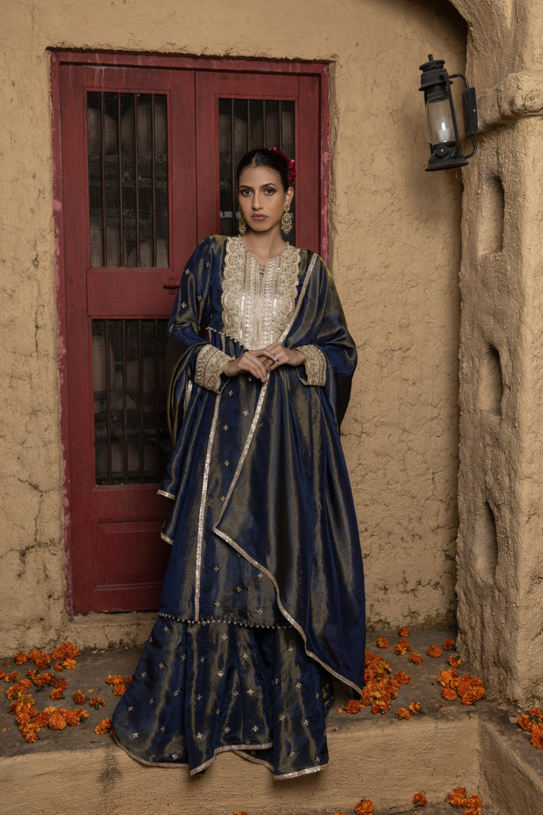 Tulsi-Kurta, Sharara and Dupatta Set-Blue