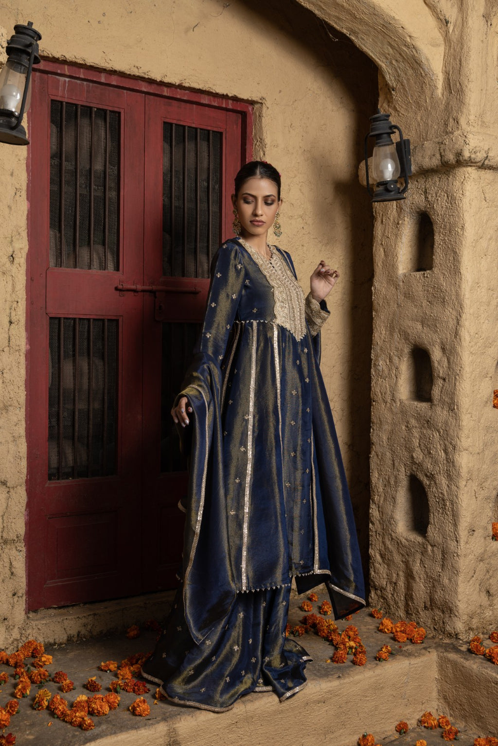 Tulsi-Kurta, Sharara and Dupatta Set-Blue