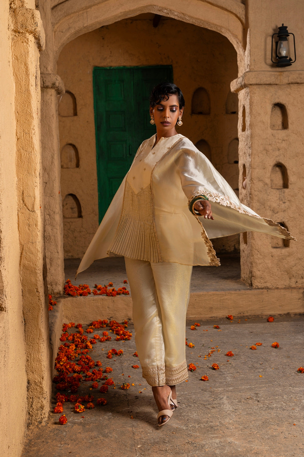 Lasya-Kaftan Bottom Co-ord set-Lime Green