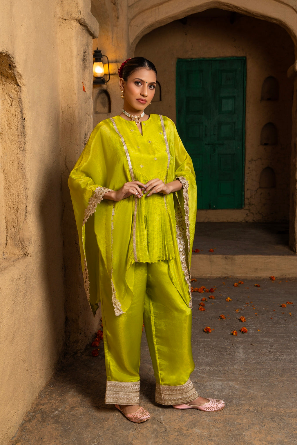 Lasya-Kaftan Bottom Co-ord set-Lime Green